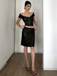 DAZY Set de 2 piezas - Conjunto de top corto y falda mini de encaje calado de colores contrastantes, verano negro para mujer - Negro - Ver 7