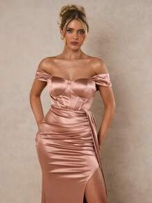 SHEIN Belle Haute Satin Solid Color Off-Shoulder Ruffle High  Slit And Abdominal Folds  Bridesmaid Dress For Adult ,Elegant Women Dresses For Women Elegant,Classy Outfit For Women,Wedding Guest Dress, Dresses For Women Party, Formal, Gown, For Evening - Champagne - View 4