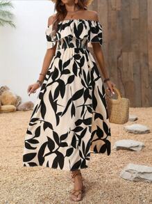 SHEIN PETITE 法式浪漫露肩黑白叶印花女士紧身飘逸连衣裙 - 彩色 - 查看 5