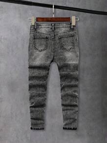 SHEIN 青少年男童秋冬街头酷炫做旧复古黑色修身牛仔裤，拼接设计，日常穿着、返校季及街头风皆宜。