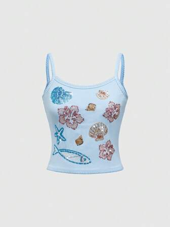 ROMWE Avant Blusa sin mangas hecha a mano con flores de hibisco y criaturas marinas, estilo vacacional