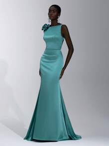 Elitara Elegante abito da donna verde oliva in raso, minimalista, con spalle scoperte, decorazioni floreali, frange, taglio a sirena e schiena scoperta, adatto per appuntamenti, vacanze, matrimoni, damigelle