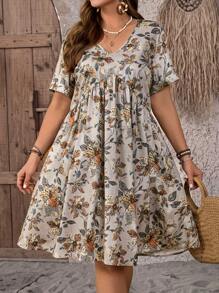 EMERY ROSE 大码女式夏季花卉印花V领短袖乡村度假连衣裙 - 彩色 - 查看 3