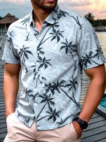 Manfinity RSRT Áo sơ mi nam tay ngắn in hình cây cọ cỡ lớn, đơn hàng thường ngày - Màu xanh bụi bặm - Xem 3