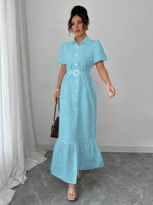 Chiquease French Elegant Commuting Solid Color Lapel Single-Breasted Hollow Floral Print Lantern Sleeve Belted Women Dress - Blue - View 1