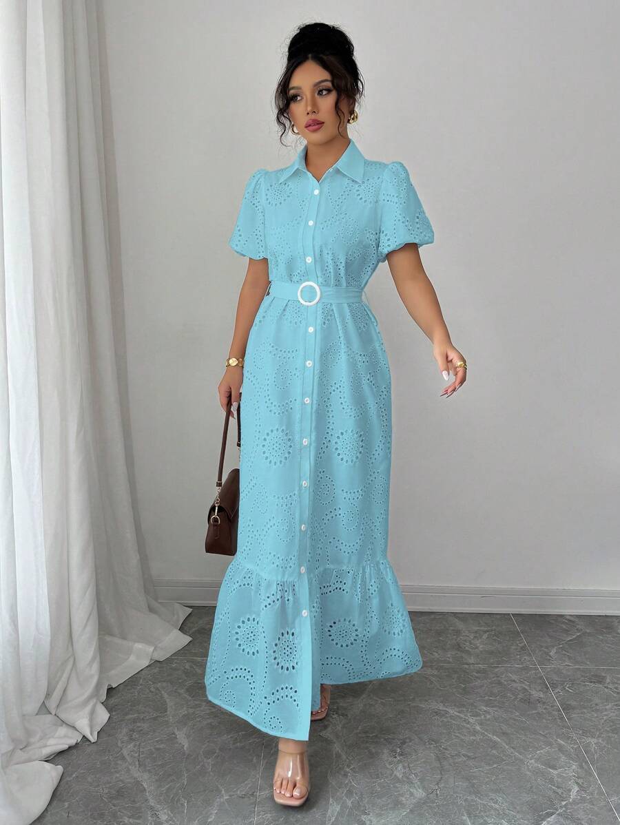 Chiquease French Elegant Commuting Solid Color Lapel Single-Breasted Hollow Floral Print Lantern Sleeve Belted Women Dress - Blue - View 1