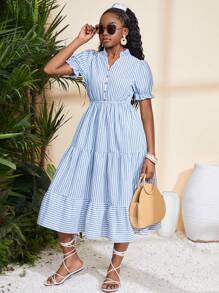 SHEIN Váy đi biển dáng chữ A rộng rãi, họa tiết Bohemian sọc xanh trắng thường ngày cho bé gái tuổi teen, thích hợp mặc đi nghỉ, đi biển, mặc hàng ngày - Xanh và trắng - Xem 3