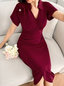 Modelyn Women's Solid Color Applique Elegant Ruffle Short Sleeve Dress Women's Solid Color Crew Neck Short Sleeve Fitted Waist Dress - Red - View 2