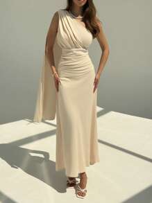 Aloruh Robe de mariée d'été élégante couleur abricot beige à une épaule, robe de soirée moulante mi-longue avec épaule froncée et basque pour femmes, tenue de bureau avec rubans fluides - Nude - Voir 5