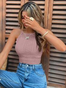 SHEIN Frenchy Ladies' Lace Splice Halter Off Shoulder Top Neck Tank Top Summer Pink - Dusty Pink - View 6