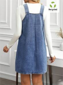 EMERY ROSE 女式休闲无袖牛仔连衣裙，带双口袋，夏季 - 藍色 - 查看 2