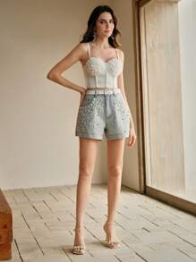 Anewsta Elegant Beaded Oversized Versatile Ladies' Denim Shorts - Blue - View 6