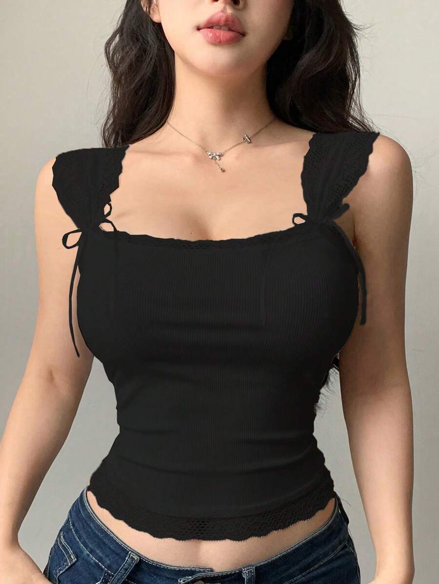 DAZY 蕾丝边系带修身无袖背心，女士外出上衣，夏季情人节款