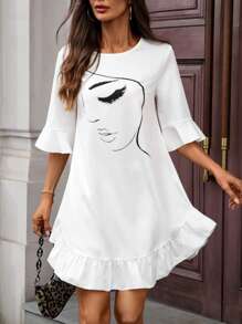 SHEIN LUNE Abstract Figure Print Round Neck Asymmetrical Hem Short Sleeve Dress - White - View 1