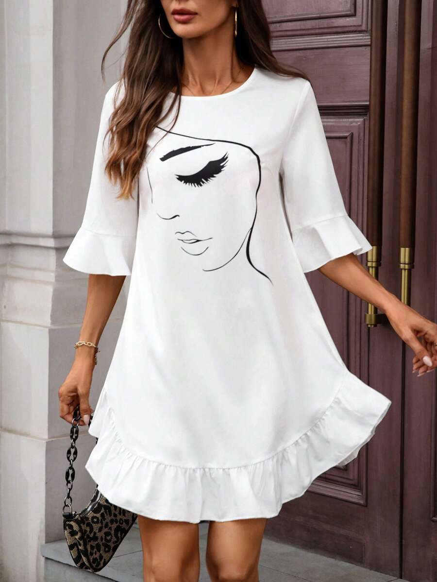 SHEIN LUNE Abstract Figure Print Round Neck Asymmetrical Hem Short Sleeve Dress - White - View 1