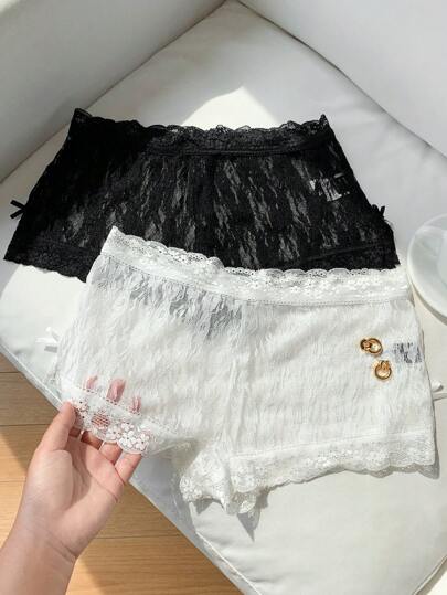 Comfortcana 2-Piece Set Of Women's Sexy Lace Bow Decoration Slit Transparent Shorts For Summer,Suitable For Daily Wear