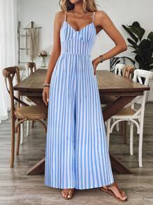 Breezaya Women's Casual Sleeveless Backless Loose Floral Jumpsuit, Spring/Summer - Blue and White - View 5