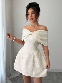 Rafferiza 女士法式甜美蝴蝶结单肩连衣裙女士收腰修身粉色花卉提花中长连衣裙 - 杏色 - 查看 7