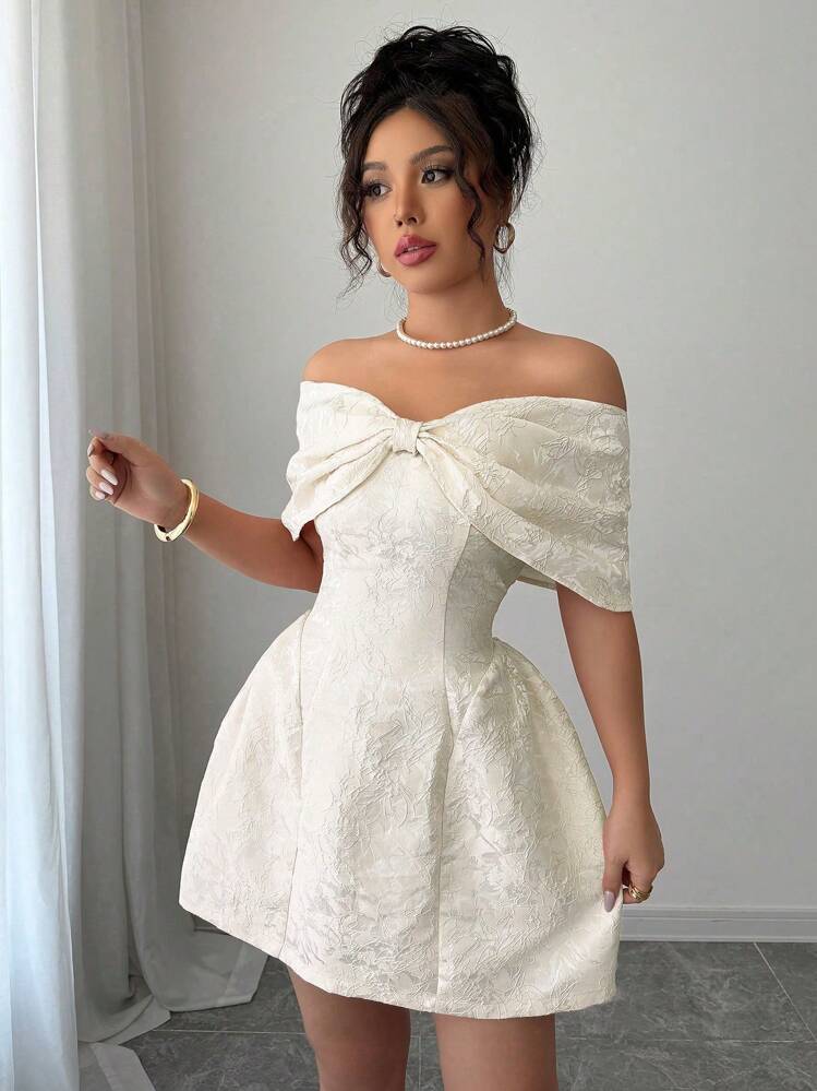 Rafferiza Women's Off-Shoulder Bow Neck Jacquard Fabric Mini Skirt