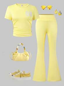 SHEIN Explorewe 2 件套青少年女孩休闲数字印花短袖上衣和喇叭裤套装 - 黃色 - 查看 9
