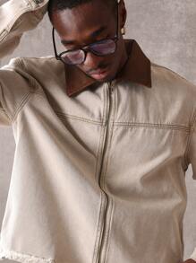 SUMWON 牛仔卡车司机夹克，灯芯绒领，休闲工作服，毛边下摆，拉链前襟，经典款式，秋冬外套，街头时尚 - 卡其色 - 查看 5