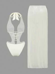 Swim Oasis Conjunto de traje de baño de mujer con falda de volantes decorada con perlas blancas y 3 flores color albaricoque, diseño elegante y casual para la playa - Beis - Ver 6