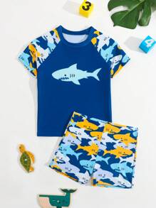 小男孩可爱鲨鱼印花短袖防晒衣，全身卡通鲨鱼泳裤，冲浪服套装小男孩两件套小男孩套装沙滩服男孩沙滩装男孩沙滩装 - 彩色 - 查看 3