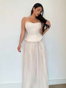 Firerie Summer Women's 2-Piece Set Elegant Off-White Waist Cinched Bandeau Top And Mesh Midi Skirt,Formal Wedding Guest Dress,Resort Outfits For Party,Office - Apricot - View 5