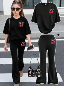 SHEIN 2pcs/Set Tween Girls Cute Bow & Cherry Print Casual Simple Short Sleeve Top And Pants Set, Suitable For Summer - Black - View 1