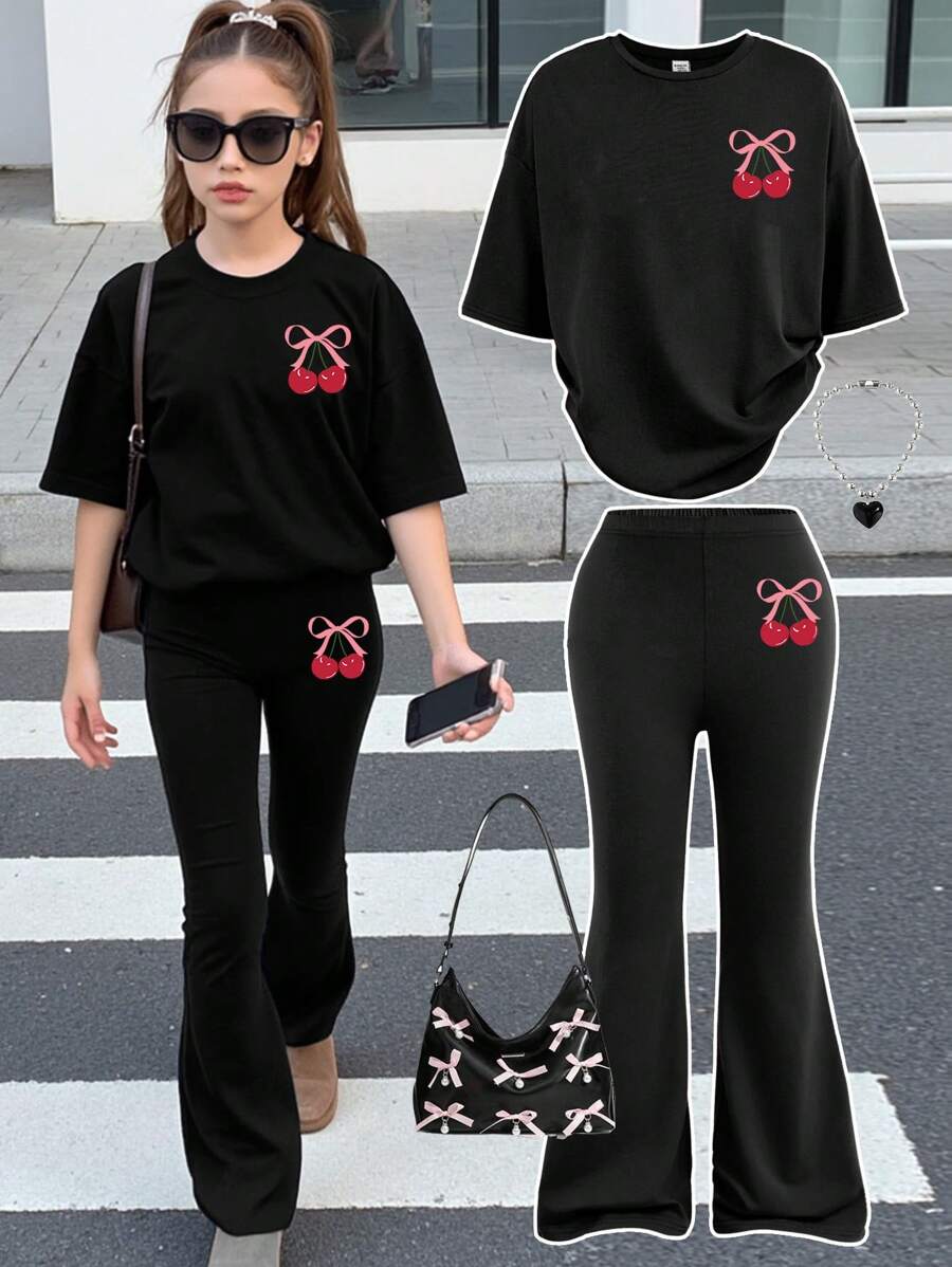 SHEIN 2pcs/Set Tween Girls Cute Bow & Cherry Print Casual Simple Short Sleeve Top And Pants Set, Suitable For Summer - Black - View 1
