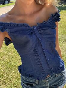 DAZY Damen Einfarbige Passende Gefaltete Elegante Sommer Strand Bluse Top Ausgehen Tops Urlaub Babydoll Top - Blau - Übersicht 5