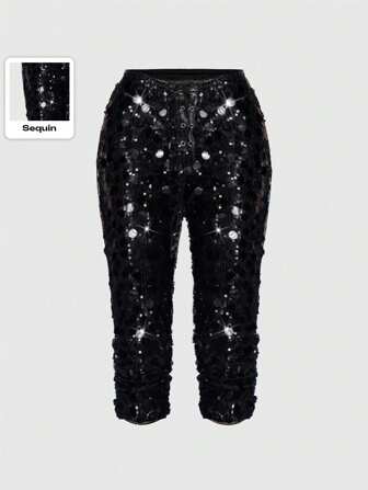 J-Fashion Pantalones capri de talle alto decorados con lentejuelas de efecto vintage para mujer