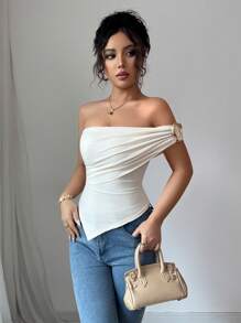 Rafferiza 女士优雅不对称下摆装饰单肩衬衫，夏季 - 杏色 - 查看 3