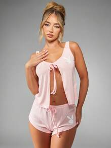 Missguided x Playboy 圣诞罗纹系带背心和短裤家居服套装 - 粉色 - 查看 4