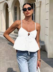 Siren Gaze Summer 2025: Tie Front Cami Top, Casual Summer Babydoll Tops White - White - View 4