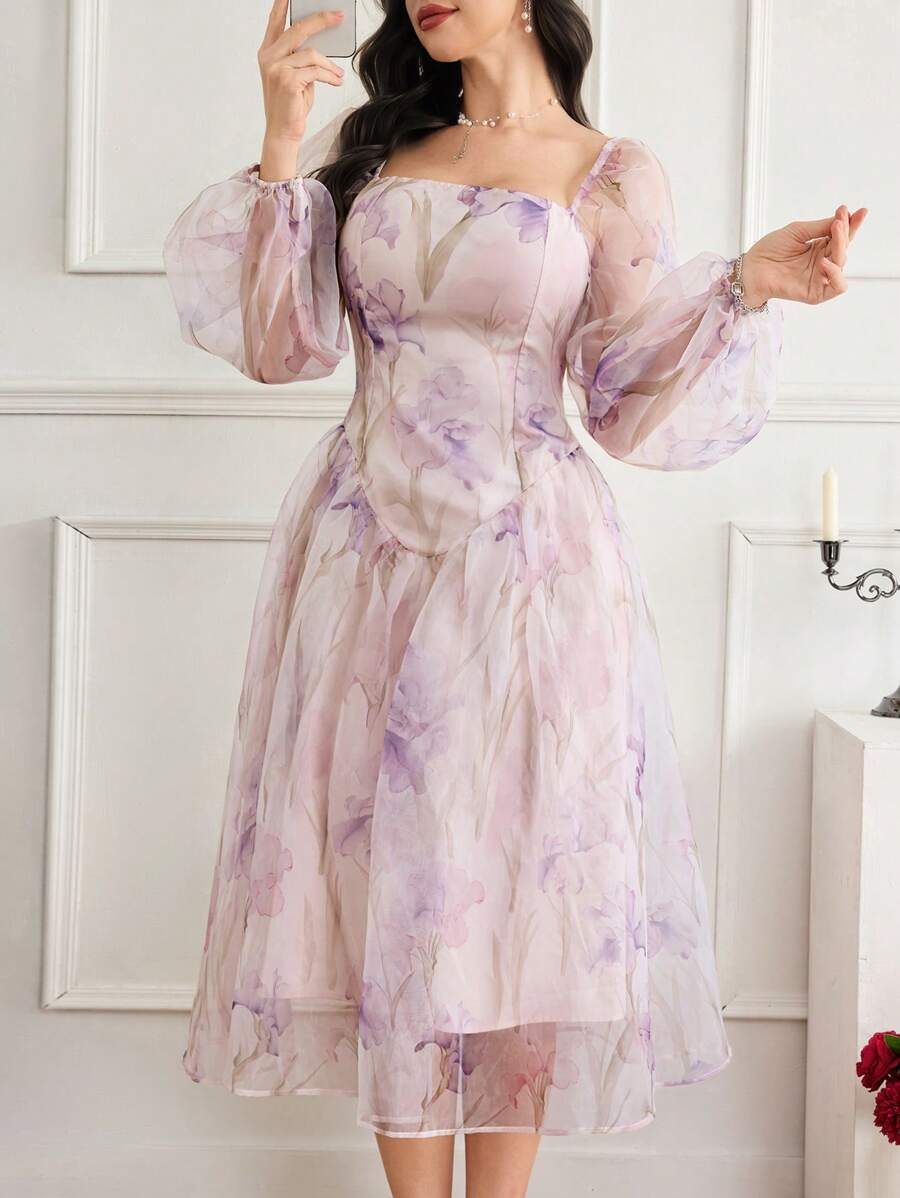Modelyn 女士花卉印花方领灯笼袖优雅中长连衣裙 - 粉色 - 查看 1