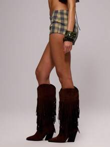 MUSERA 格纹修身迷你短裤，适合夏季、假日、音乐节、锐舞派对、颓废摇滚、酷女孩、Y2K朋克派对。 - 綠色 - 查看 3