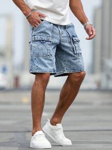 Manfinity Homme Quần short denim rách nhiều màu sắc giản dị dành cho nam - Màu xanh lam - Xem 7
