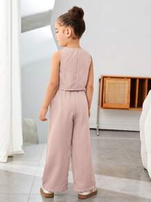 SHEIN Nova Glow 女童休闲春夏纯色无袖上衣和裤子套装 - 藕粉色 - 查看 2