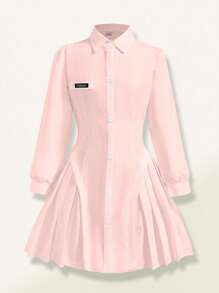 SHEIN Mädchen Bekleidung, Tween Mädchen Plisseekleid mit langen, aufgebauschten Ärmeln und Hemdkragen, lässige Kleidung für Frühling und Sommer - Pink - Übersicht 1