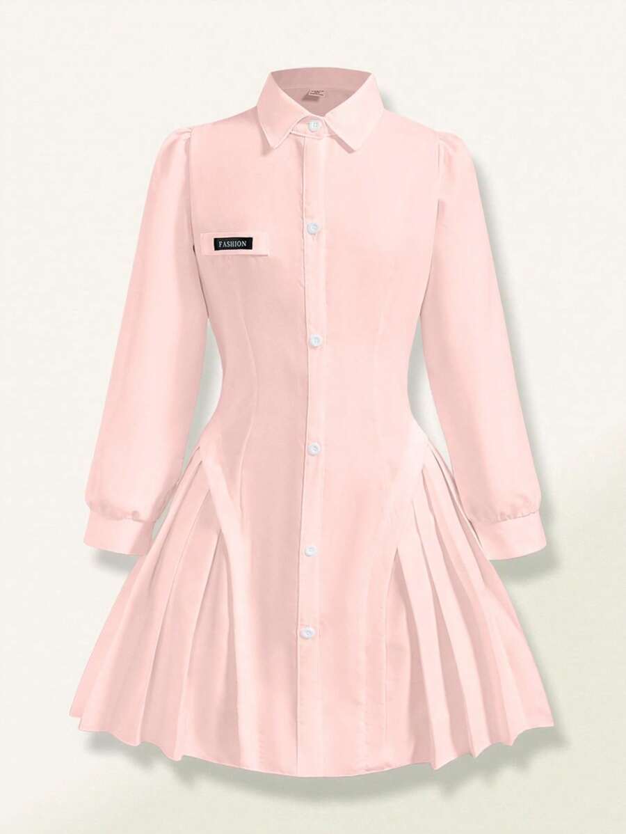 SHEIN Mädchen Bekleidung, Tween Mädchen Plisseekleid mit langen, aufgebauschten Ärmeln und Hemdkragen, lässige Kleidung für Frühling und Sommer - Pink - Übersicht 1