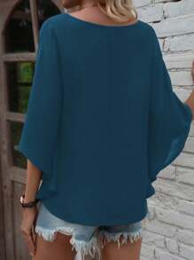 Blusa de manga corta con cuello en V y unicolor, de moda para el verano - Agua verde azul - Ver 2