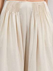 Femmeiva Beige Autumn Modest Vacation Holiday Women's Faux Linen High Waist Wide Leg Palazzo Pants,Luxurious Old Money Design Feminine Commuter Smart Trousers - Apricot - View 7