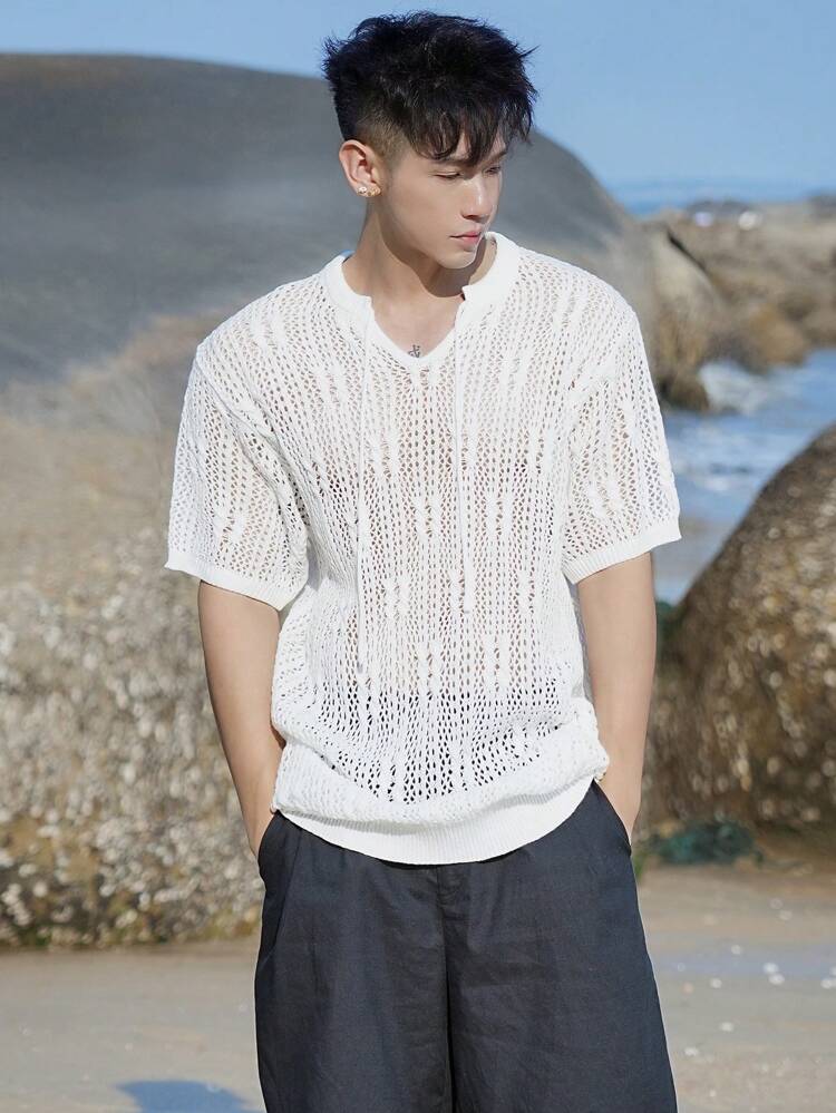 Men's Plain White Drawstring Hollow Crochet Knitted Beach Vacation Pullover, Summer