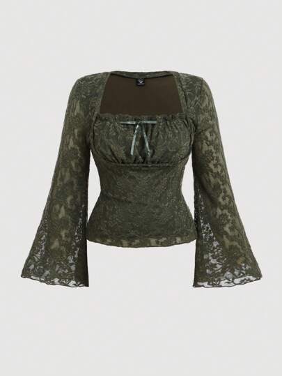 SHEIN MOD Olive Green Pleated Square Neck Plus Size Women Long Flared Sleeve T-Shirt