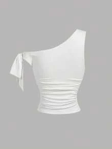 SHEIN MOD 女士金属色 3D 花卉装饰不对称领口白色吊带背心 - 白色 - 查看 2