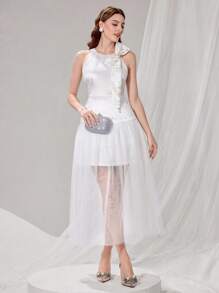 Poshira Vestido de noche de alta gama con decoración de lazo, diseño de vestido de fiesta con patchwork, vestido elegante y lujoso para dama aristocrática, vestidos de noche lujosos para mujer, vestido suave blanco de graduación