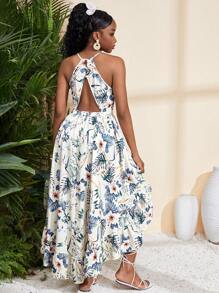 SHEIN 少女优雅简约露背热带植物印花花卉印花无袖连衣裙，夏季度假 - 杏色 - 查看 3