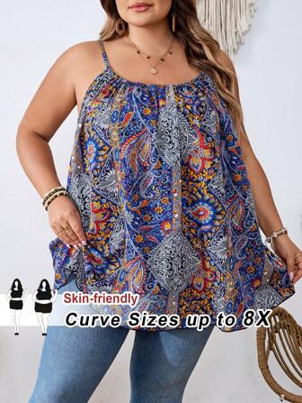 SHEIN CURVE+ 大码女式扎染印花休闲上衣，适合夏季、独立日、国旗印花，扎染印花背心，7月4日/美国/7月4日服装/7月4日服饰/7月4日女装，7月4日夏季/乡村/海滩度假装/海滩装/沙滩服饰