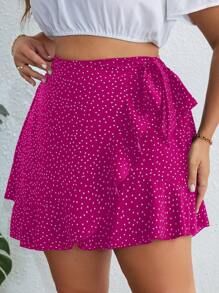 SHEIN VCAY Plus Polka Dot Print Knot Side Ruffle Trim Wrap Hem Skirt Peplum Short Skirt - Red Violet - View 3